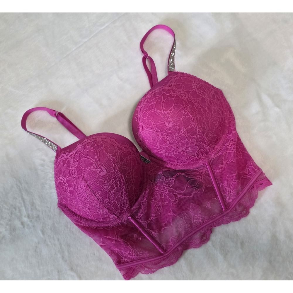 Victorias Secret Very Sexy Lace Push Up Corset Bra Hot Pink Rhinestone Strap 34D